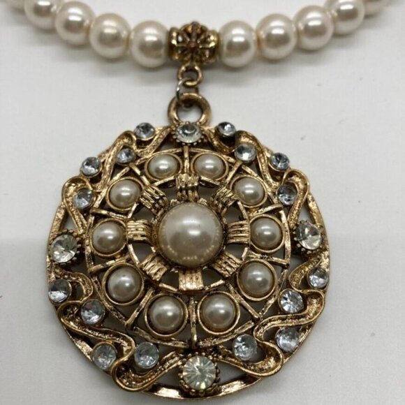 Victorian Set Simulated Pearl Choker 16" Necklace Pierced Earrings Rhinestone - Picture 12 of 16